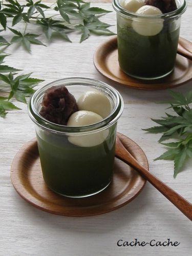 WECKで濃い抹茶ゼリー ~豆腐白玉と餡子を添えて♪